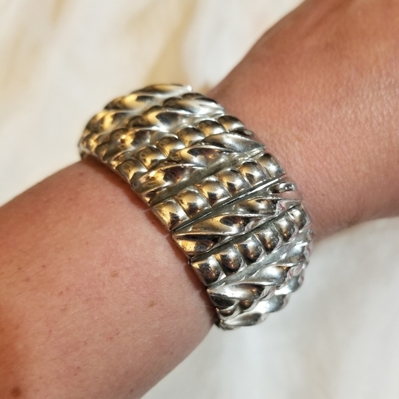 Vintage Jewelry - 1940s Sterling WIDE Designer Stretch Vintage Bracelet